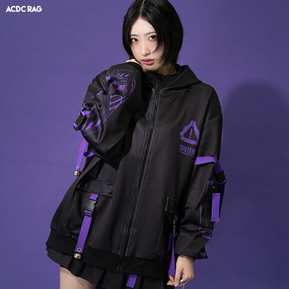 NEW ACDC RAG - Error Code Cyberpunk Tech Oversized Black Purple Jacket - Picture 3 of 9